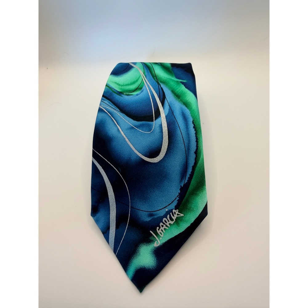 J Garcia Rhino & Puppy Collectors Edition Silk Tie Blue Green Abstract Art 6173